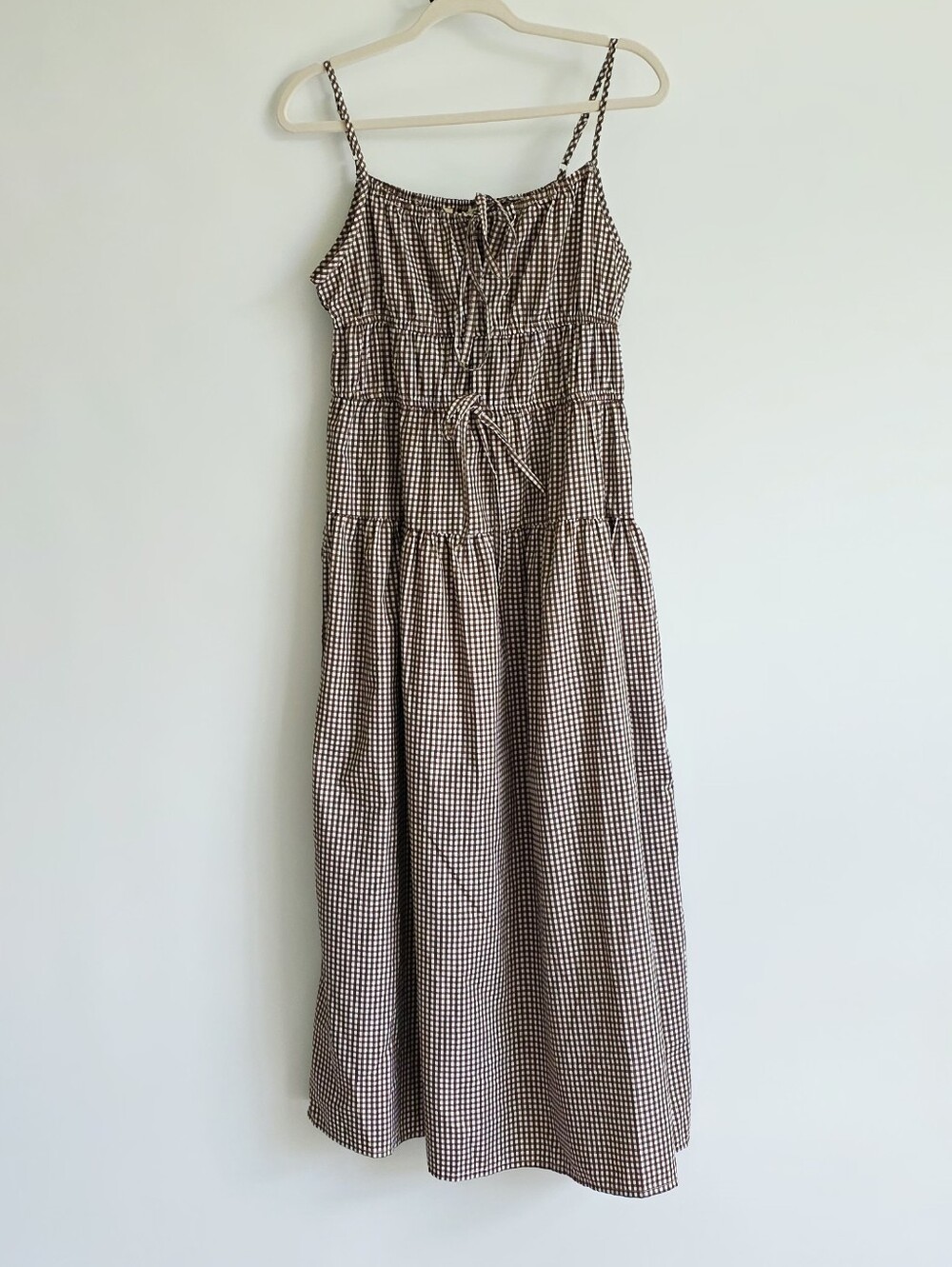 NWT Sim & Sam Brown And White Gingham Tiered Sundress With Ties Women's Size L